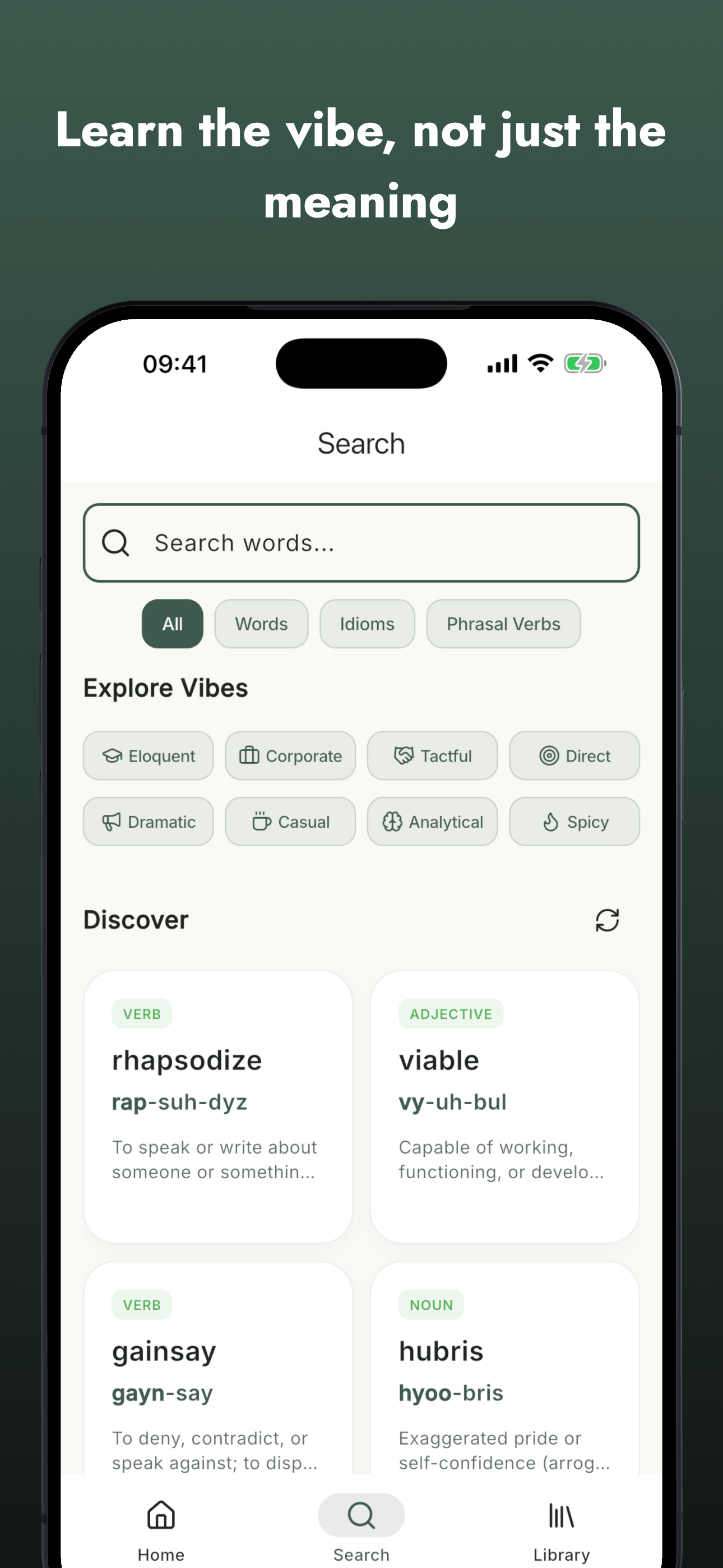 TalkItEasy search screen with vibe tags, word filters, and discovery cards for English vocabulary in context.