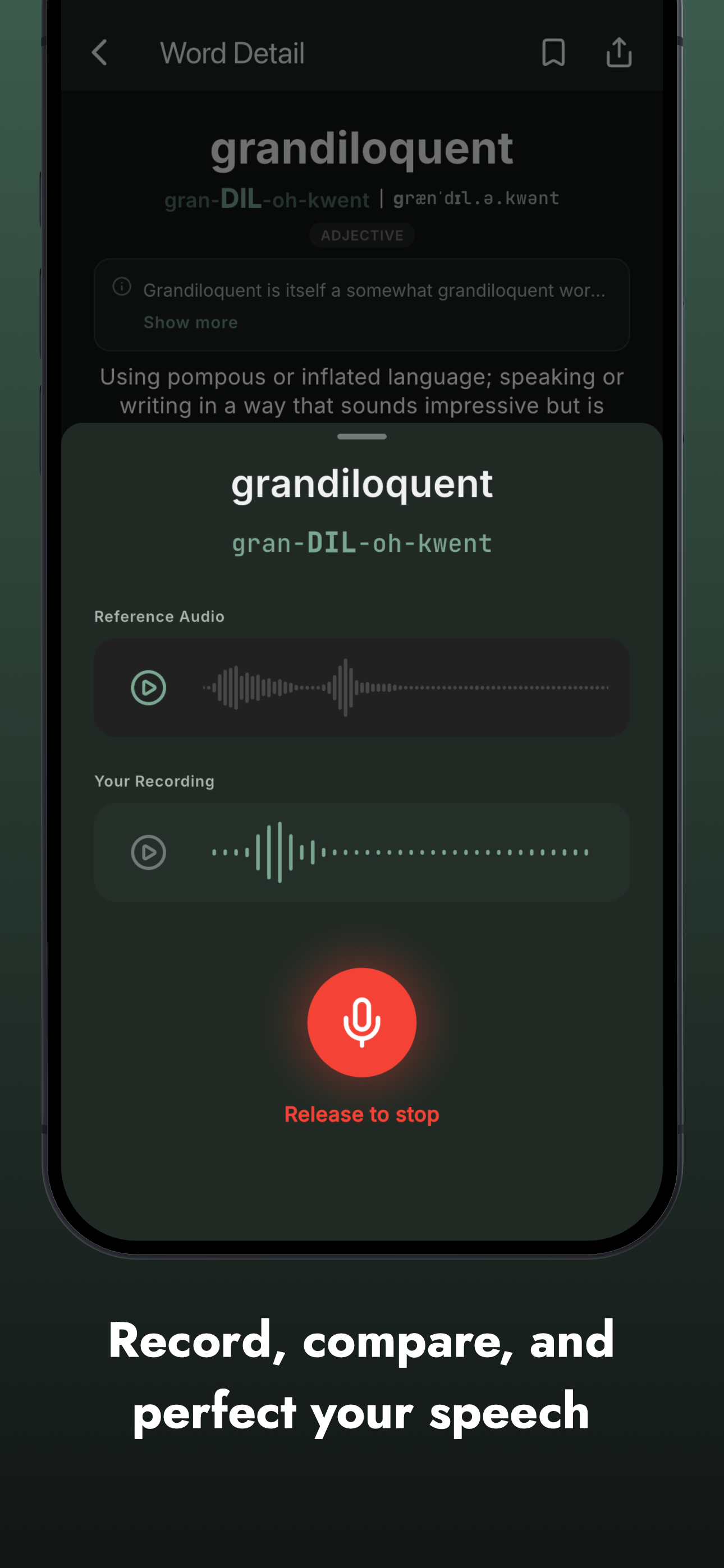 TalkItEasy Echo Lab screen for recording your voice and comparing it with native reference audio.