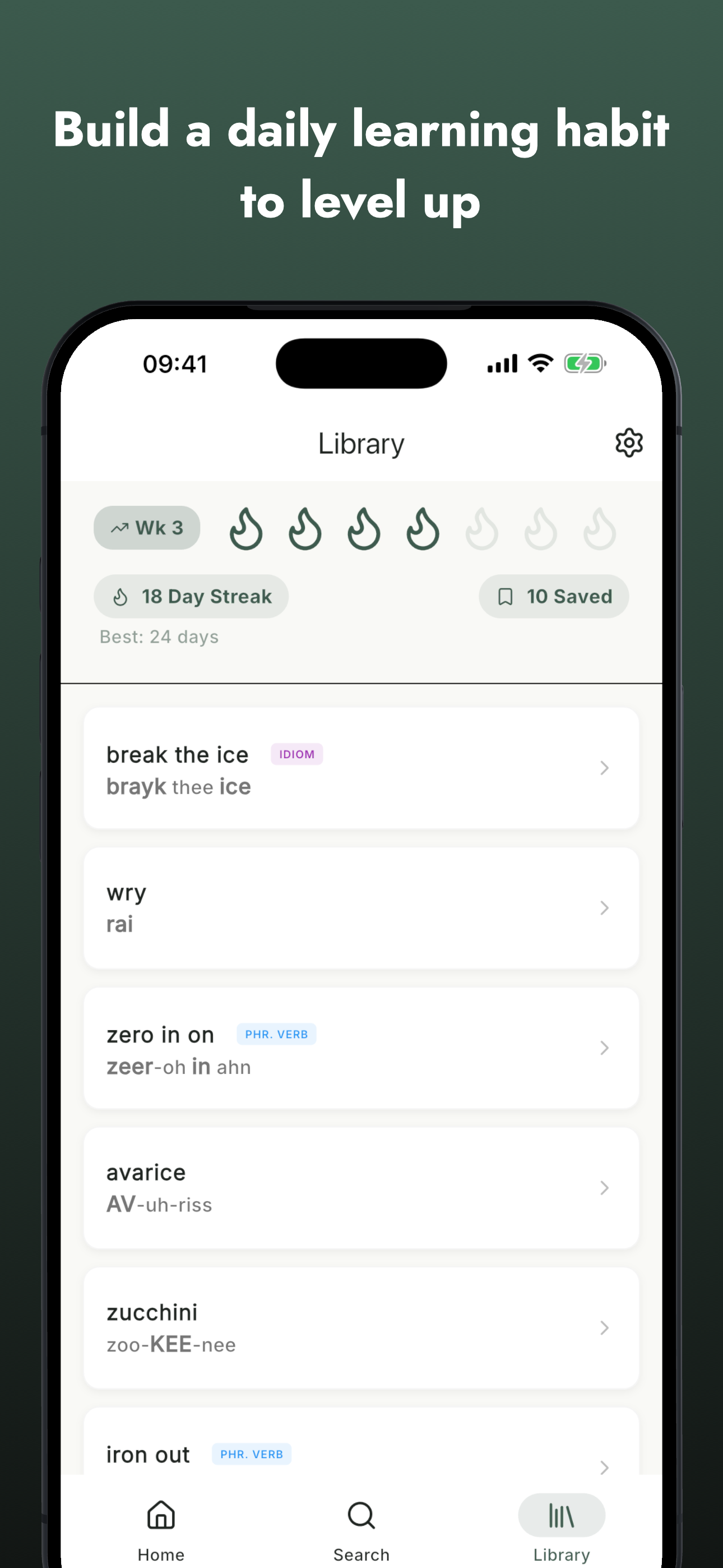 TalkItEasy library screen showing saved words and a daily streak habit tracker.